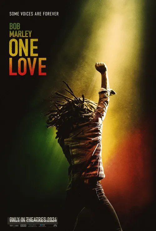 Bob Marley: One Love poster showing Kingsley Ben-Adir as Bob Marley with reggae-themed visuals.