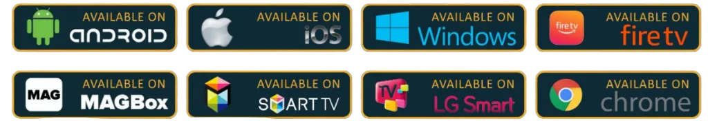 Supported devices for Luminous IPTV including Android, iOS, Windows, Fire TV, MAG Box, Smart TV, LG Smart TV, and Google Chrome.