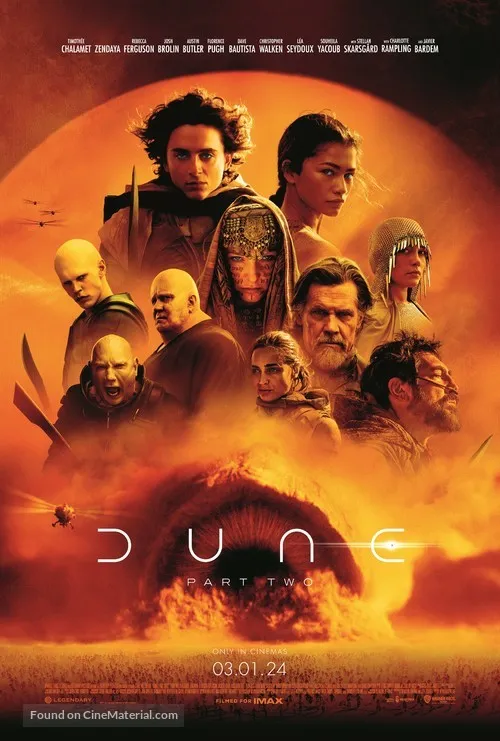 Dune: Part Two movie poster with Timothée Chalamet and Zendaya standing over the dunes.
