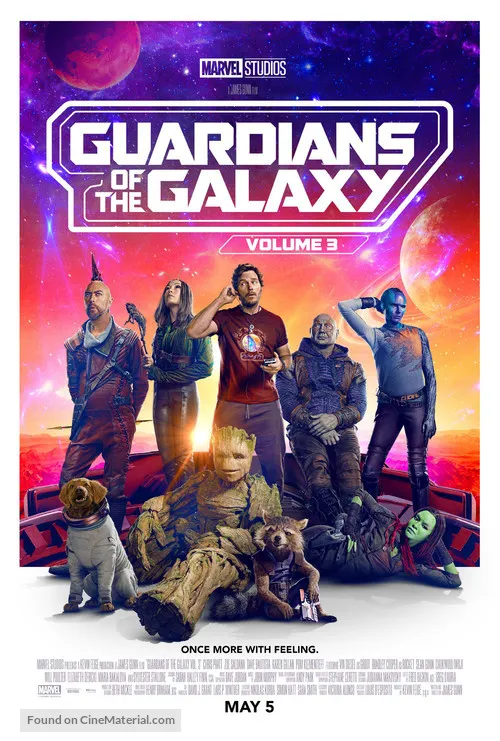 Guardians of the Galaxy Vol. 3 poster with Star-Lord, Rocket, and the team in a cosmic setting.
