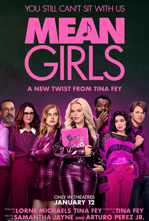 Mean Girls 2024 movie poster featuring the new cast in pink outfits.