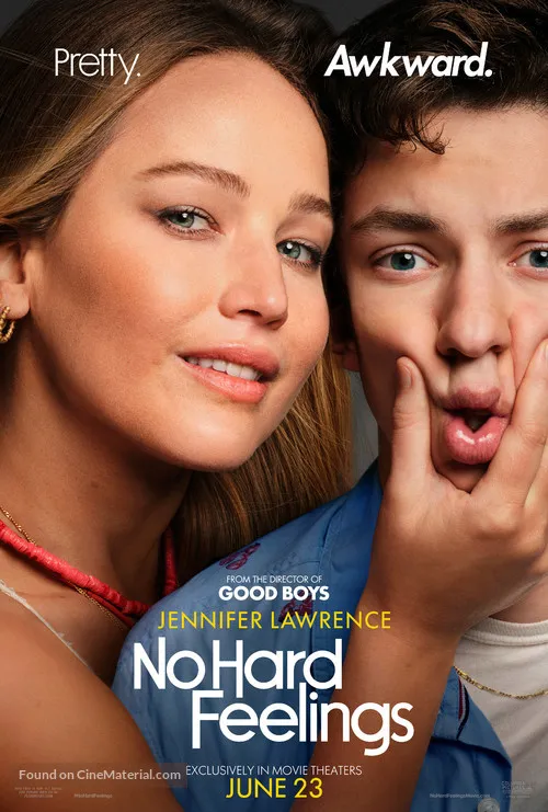 No Hard Feelings poster featuring Jennifer Lawrence in a bold, comedic pose.