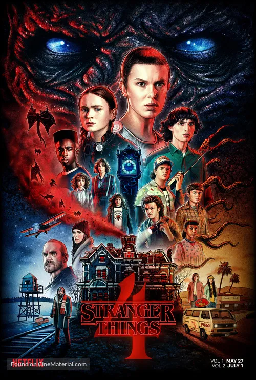Stranger Things poster featuring the main cast with supernatural lighting and 80s vibes.