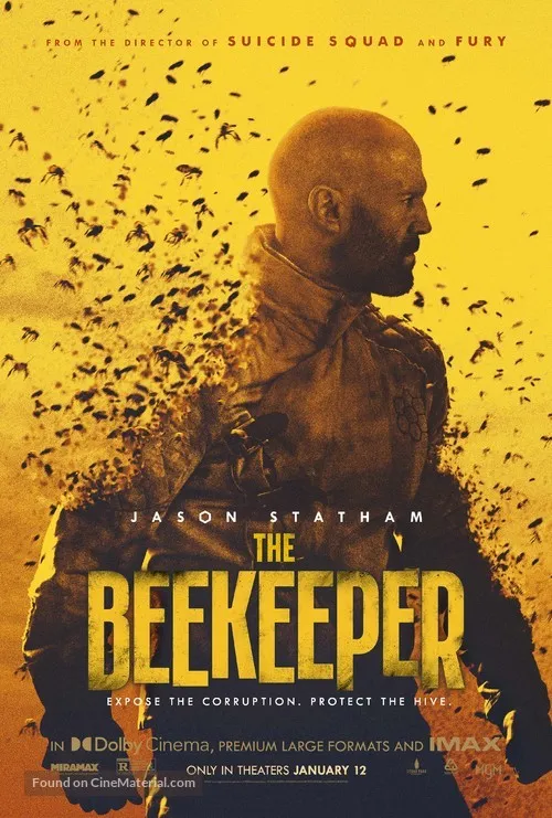 The Beekeeper movie poster with Jason Statham holding a weapon in a stylized honeycomb background.