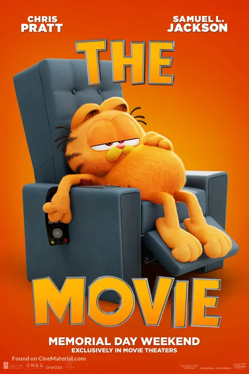 The Garfield Movie poster showing the iconic orange cat relaxing with a slice of pizza.