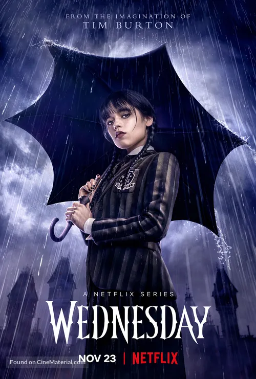 Wednesday series poster showing Jenna Ortega as Wednesday Addams with her signature gothic look.